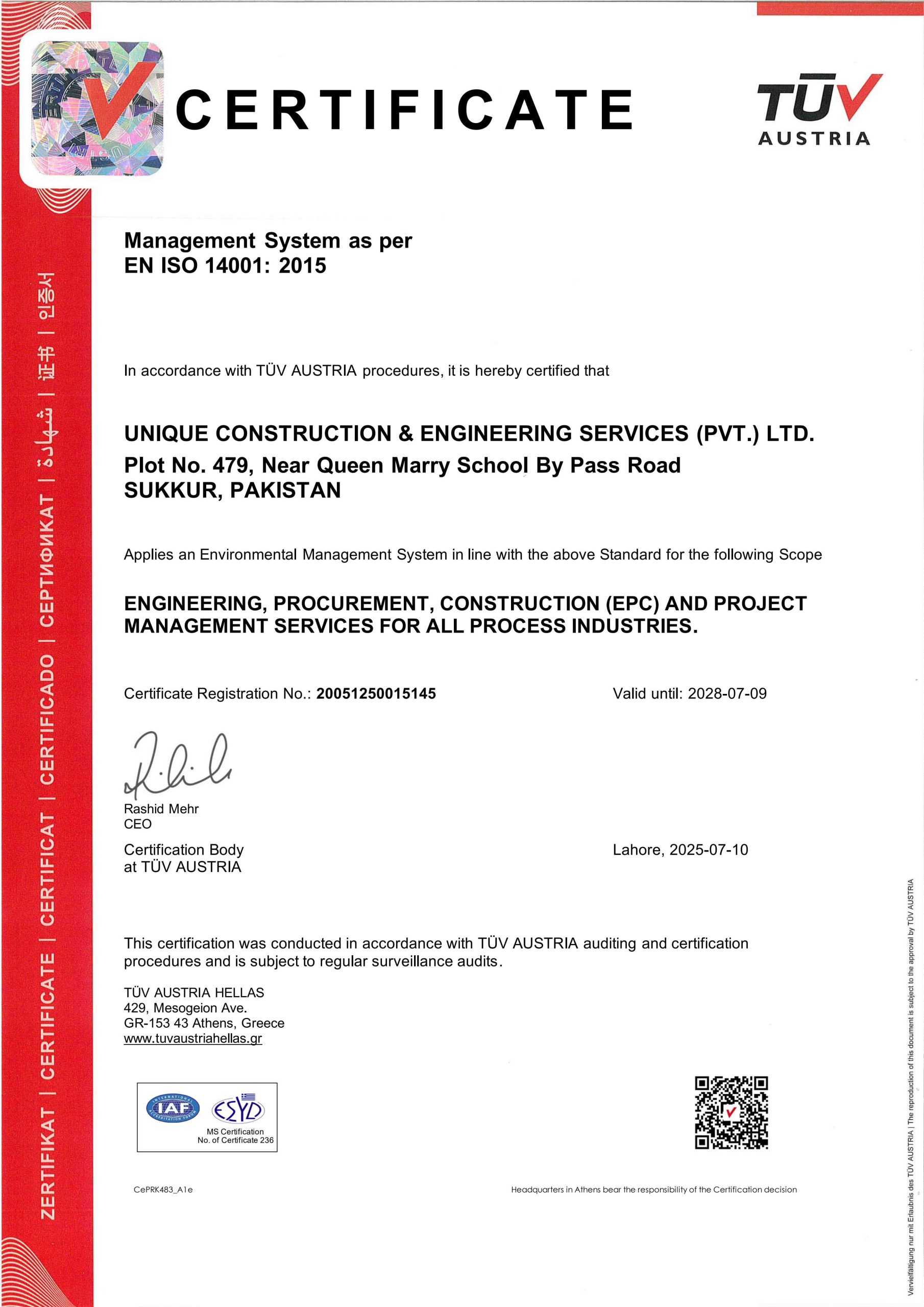 ISO 14001:2015 Certificate