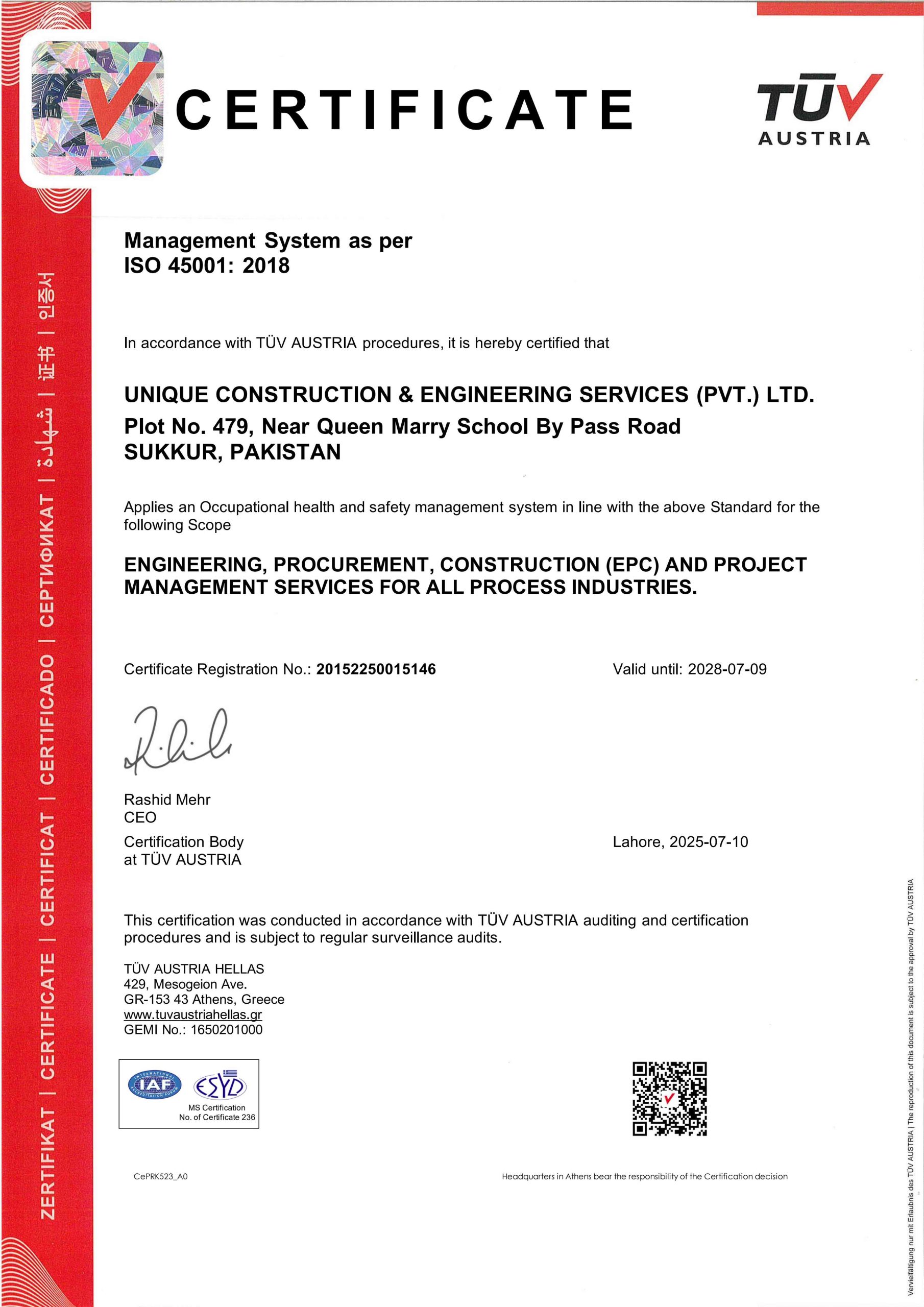 ISO 45001:2018 Certificate